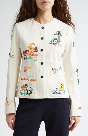 Hand-sewn beads recreate scenes from beloved nursery rhymes on a light cotton jacket inspired by a vintage quilt. 22 1/2" length ( size 2) Front button closure Jewel neck Long sleeves with three-button cuffs Front patch pockets 100% cotton Dry clean Imported Designer Clothing Blake Lively Style, Sequin Bra, Sweater Skirt Set, All White Outfit, Embroidered Wool, Vintage Quilt, Nursery Rhyme, Jewel Neck, Vintage Quilts