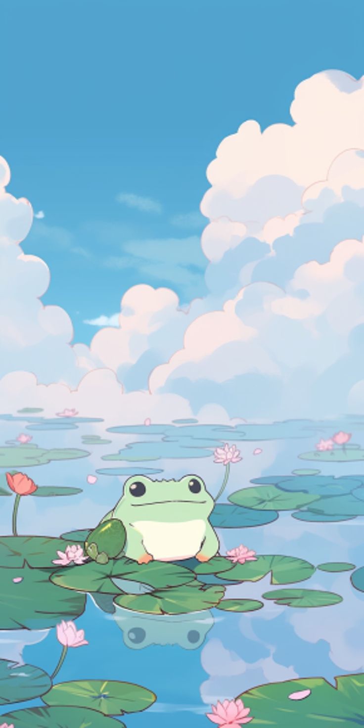 a frog sitting on top of lily pads in the water