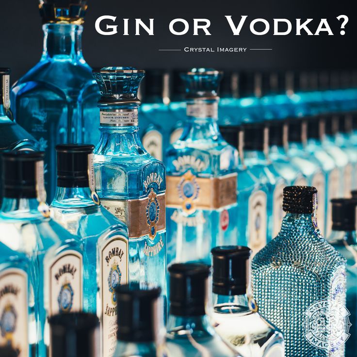 gin or vodka bottles lined up in rows with the caption gin or vodka? crystal imagery