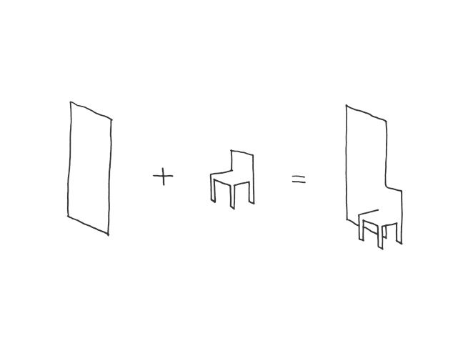 two chairs and one table are shown in black ink on a white background, with the same line drawn across it