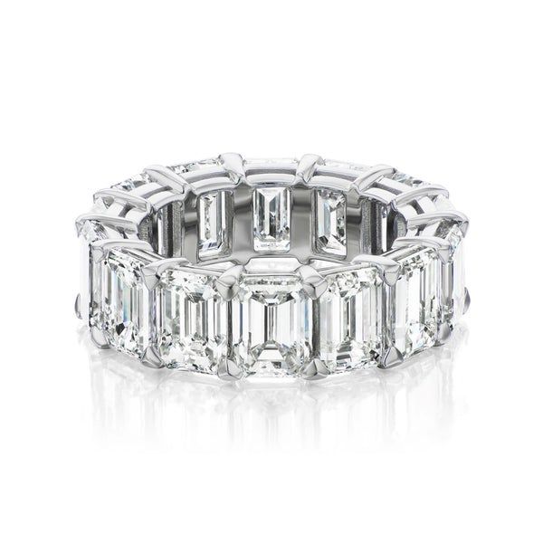 Catherine Angiel's design is streamlined with emerald cut diamonds in our classic low profile setting. Powerful, timeless and elegant. Each diamond weighs .75 carats and are perfectly matched. Shown in 18KT white gold, with 10.50 carats in emerald cut diamonds. Timeless Diamond White Emerald Cut Eternity Band, Timeless Emerald Cut Diamond Eternity Band, Classic White Gold Eternity Band With Radiant Cut, Classic White Gold Radiant Cut Eternity Band, Timeless Emerald-cut Cubic Zirconia Eternity Band, Fine Jewelry Diamond White Emerald Cut Eternity Band, Elegant Emerald Cut Lab Grown Diamond Eternity Band, Elegant Lab Grown Diamond Eternity Band Emerald Cut, Emerald Cut Moissanite Eternity Band In Fine Jewelry Style