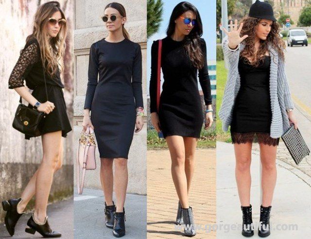 Little Black Dress with Ankle Boots Shoes To Wear With Mini Dress, Short Dress With Boots Outfit, Black Booties Dress, Short Boots With Dresses, Dresses With Ankle Boots, Black Dresses With Boots, Short Black Dress Outfit, Black Dress And Boots, Black Ankle Boots Outfit