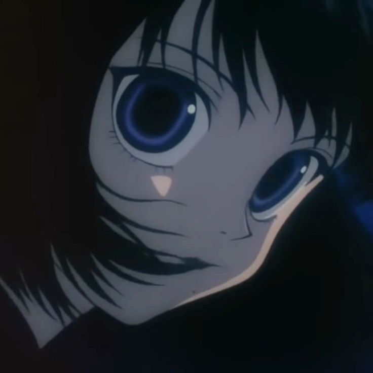 an anime character with big blue eyes and black hair