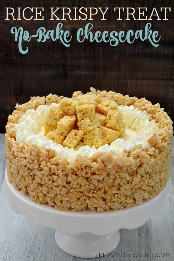 rice krispies no - bake cheesecake on a cake plate with the title above it