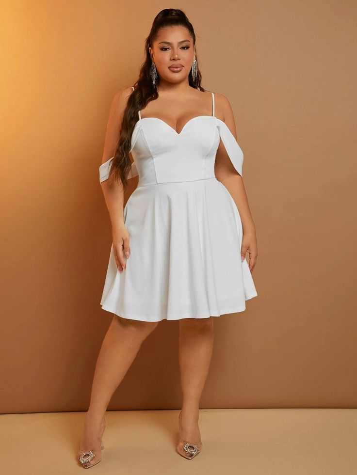 SHEIN SXY Plus Cold Shoulder Dress | SHEIN Plus Size White Dress Summer Party, Casual Wedding Dress Courthouse Plus Size, Graduation Dresses Plus Size, Courthouse Wedding Dress Plus Size, Plus Size Graduation Dress, Short Dresses Plus Size, White Dress Summer Casual, Preference Night, Nice White Dresses