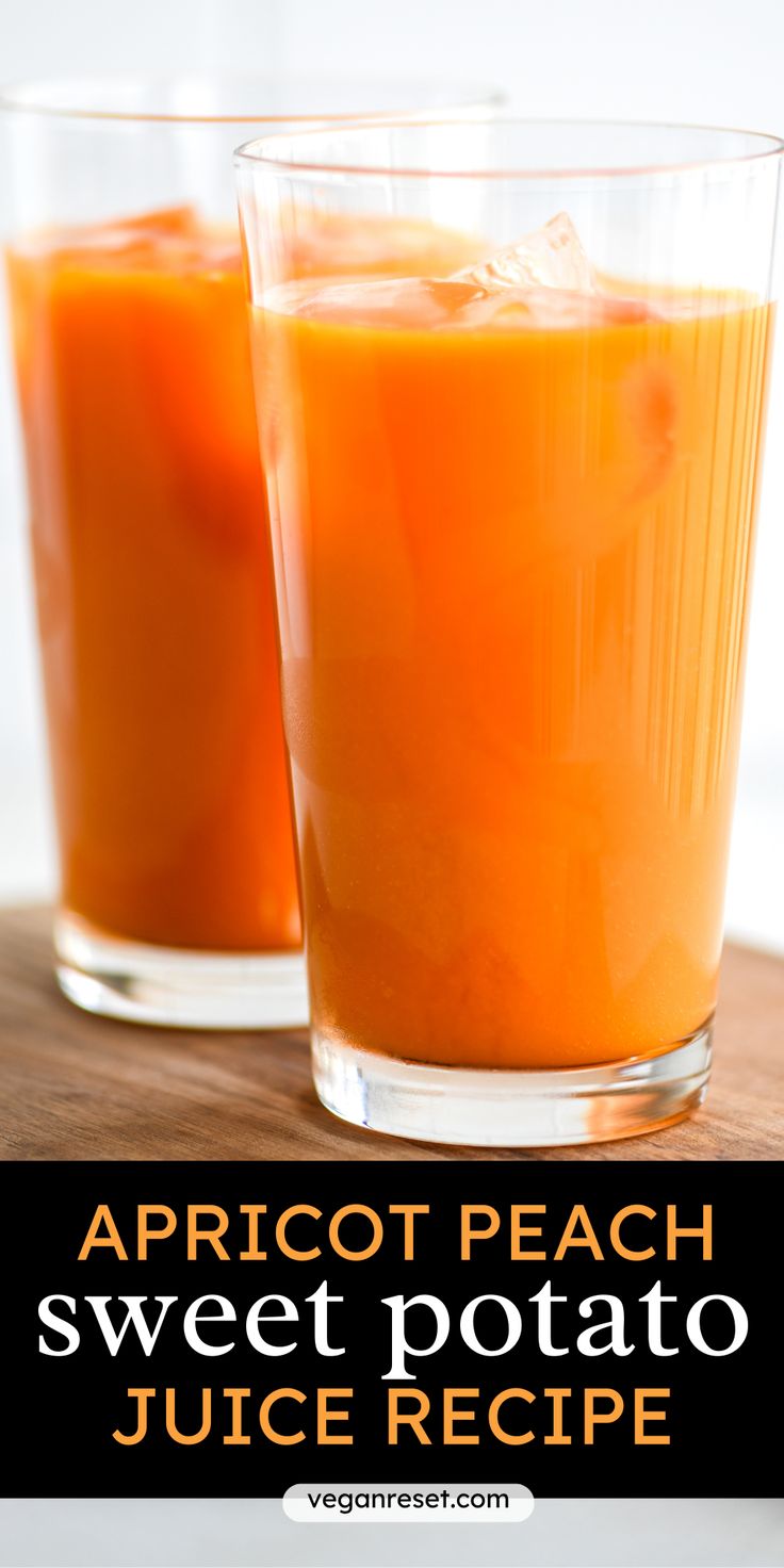 two glasses filled with sweet potato juice on top of a wooden table next to each other