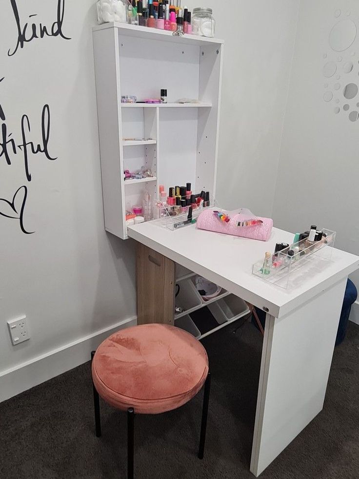 nail polish beauty room glamor manicure drop down table station Manicure Table Ideas Diy, Home Manicure Station, Folding Nail Table, Nails Desk Manicure Station, Table For Nails Salon, Nail Table Ideas Diy, Manicure Table Nail Station At Home, Manicure Station Ideas At Home, Nail Table Ideas Small Spaces