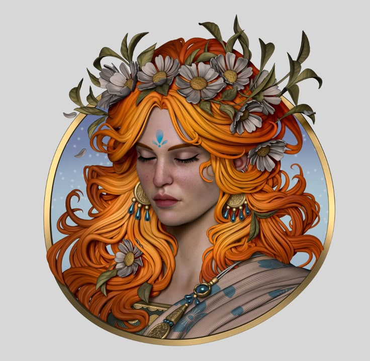 a digital painting of a woman with orange hair and flowers in her hair is shown