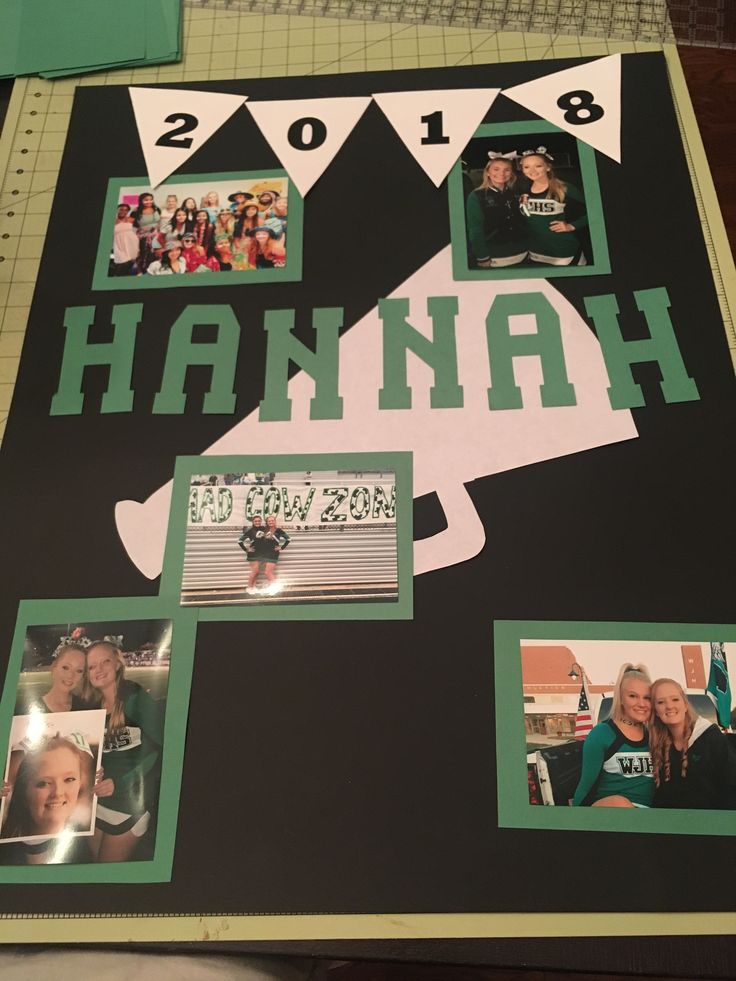 a photo album with photos and the words hannah written in green, white and black