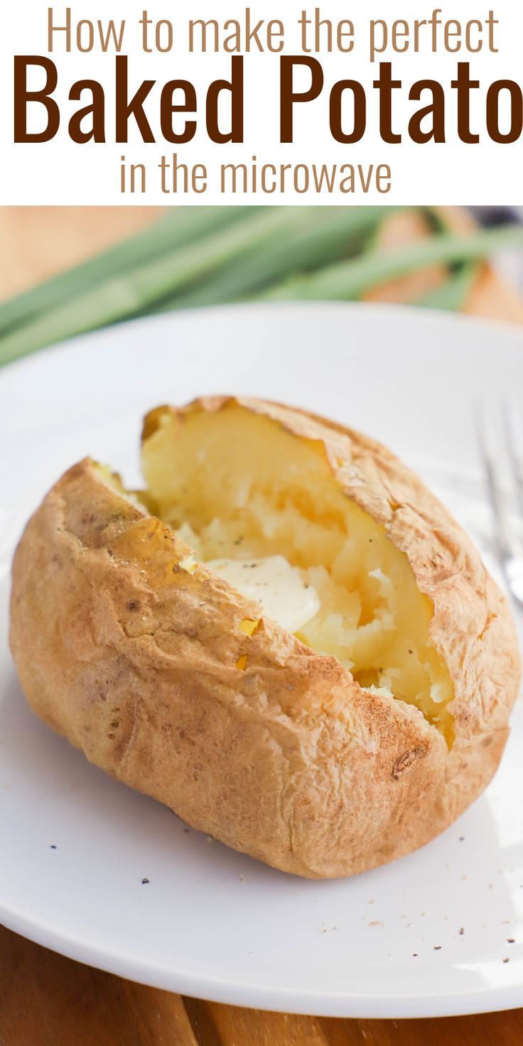 baked potato on a plate with text overlay that reads how to make the perfect baked potato in the microwave