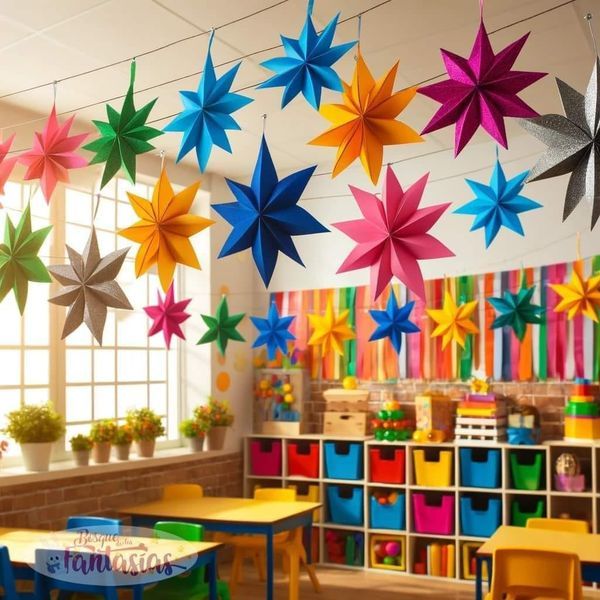 colorful paper stars hanging from the ceiling in a classroom