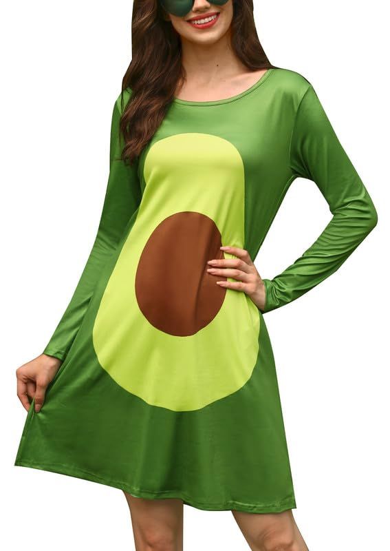 a woman wearing a green dress with an avocado on it