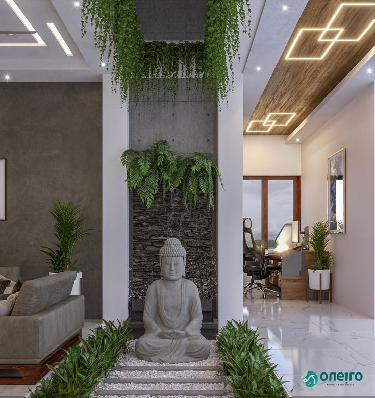 a buddha statue sitting in the middle of a living room with plants hanging from the ceiling