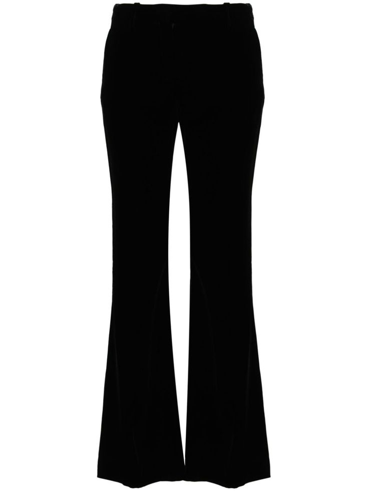 black velvet flared mid-rise concealed front button, hook and zip fastening belt loops two diagonal pockets to the sides two rear welt pockets straight hem Velvet Flares, Velvet Trousers, Versace Outfit, Yoko London, City Dress, Bell Bottom Pants, Summer Beach Wear, Ski Wear, Lady Dior