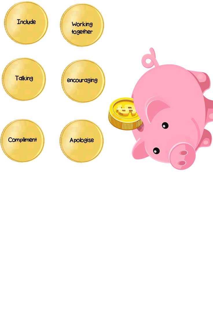 a pink pig with gold coins in front of it and words on the back ground