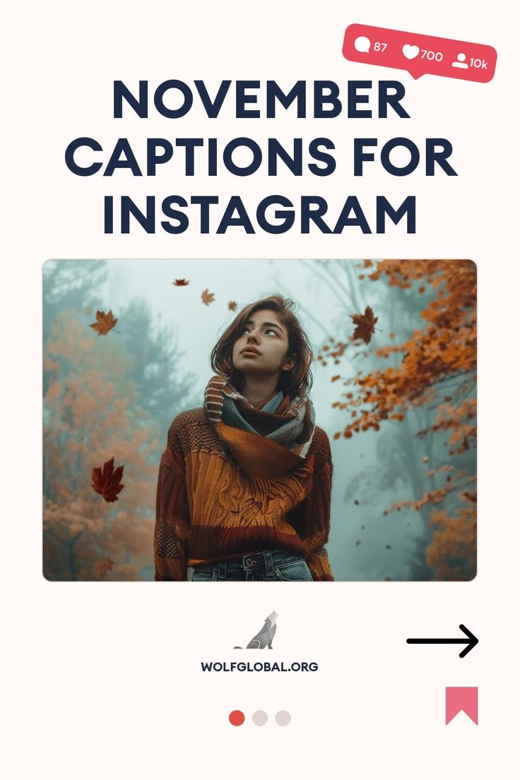 Promotional graphic for November Instagram captions with a woman amidst autumn leaves.
Illustrated checklist of November-themed phrases with emojis, and a call-to-action button for more.
Promotional graphic featuring a woman with a laptop and social media icons, advertising an Instagram engagement pod. November Captions, Winter Captions, November Instagram, November Challenge, Feast Mode, Fall Pics, Instagram Games, Captions For Instagram, Insta Feed