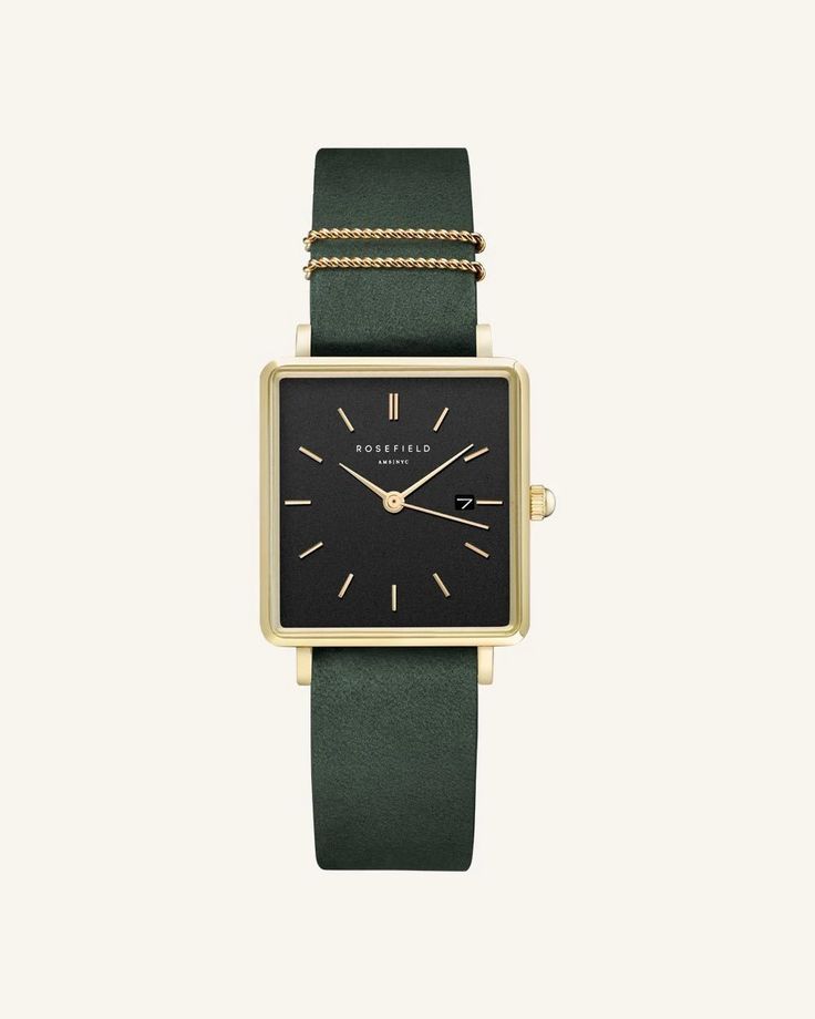 The Boxy Black Forest Green Gold | Rosefield Official Rosefield Watch, Watch Green, Gold Drop Necklace, Green Watch, Green Bracelet, Rose Gold Watches, Rose Gold Case, Upper East Side, West Village