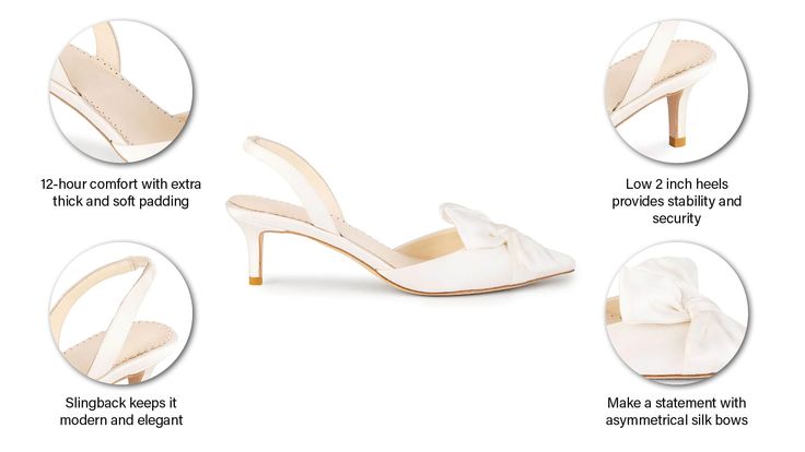 Slingback Kitten Heel Bridal Shoes with Asymmetric Bow Elegant Cream Slingback Pumps With 4-inch Heel, Elegant Low Heel Slingback Pumps With Heel Loop, Elegant Cream Sandals With Pointed Toe, Elegant Slingback Pumps With Low Heel, Elegant Cream Pointed Toe Sandals, Chic Cream Slingback Pumps With Almond Toe, Chic Cream Almond Toe Slingback Pumps, Elegant Cream Kitten Heels With Sculpted Heel, Elegant Slingback Sandals With Low Heel And Heel Loop