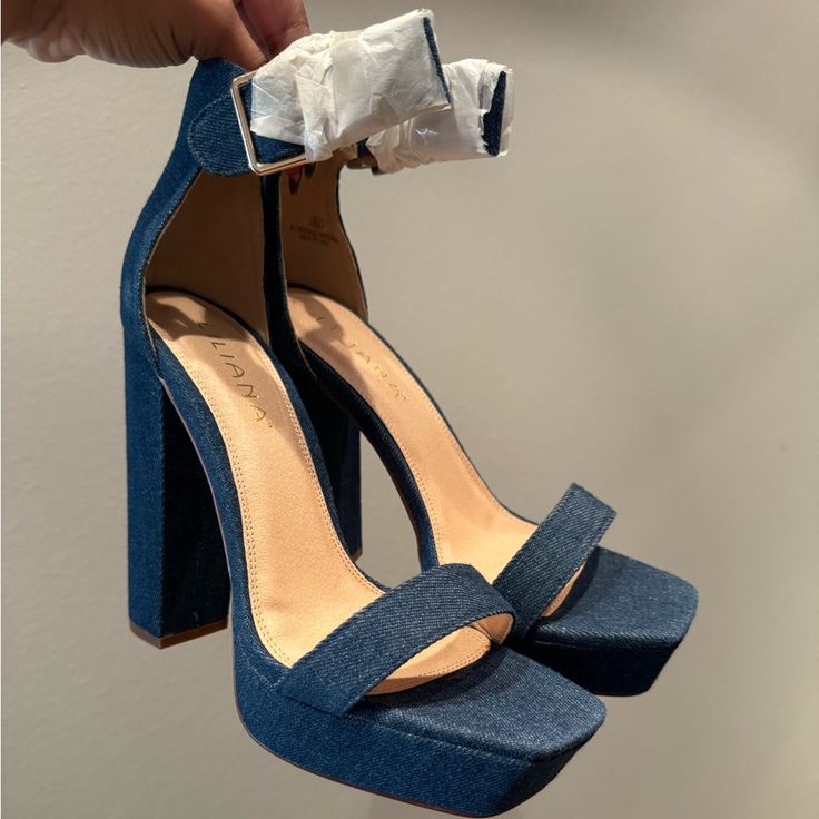 Denim Size 9 High Heels! Never Worn! Chic Denim Block Heel Shoes, Chic Denim Block Heel Heels, Chic Denim Heels With Block Heel, Chic Denim Block Heel, Denim Blue Open Toe Platform Heels, Denim Blue Platform Heels With Round Toe, Denim Platform Heels With Open Toe, Chic Denim Heels With Round Toe, Trendy Denim Open Toe Heels