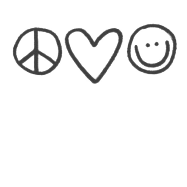 peace, love and smiley face drawn in black ink on a white background with the word