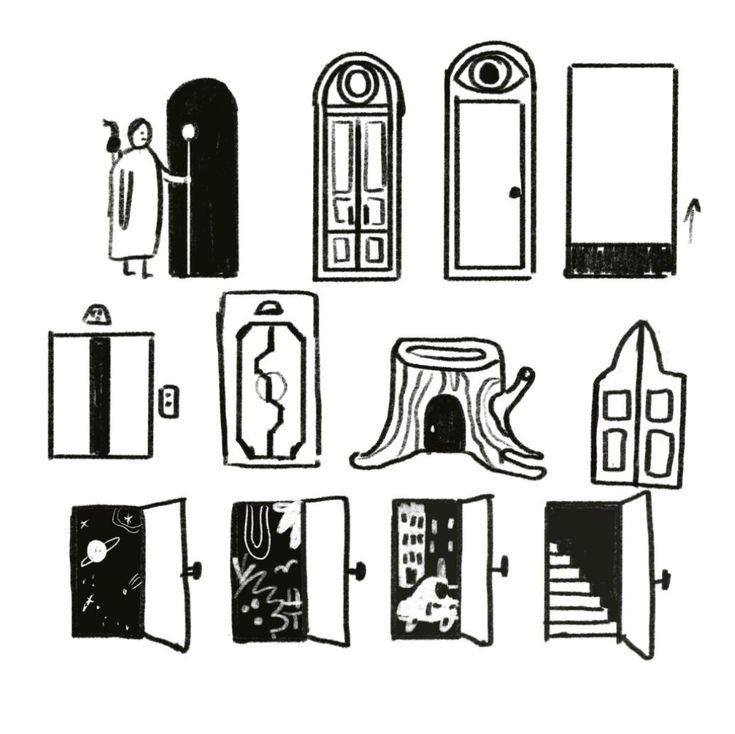 black and white drawing of different types of doors with one person standing in the doorway