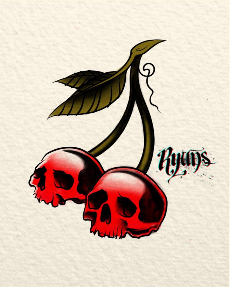 two red skulls with green leaves on their heads and the word hyrs written below them