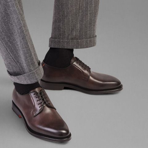 Plain Toe Derby Shoes, Classic Brown Closed Toe Lace-up Shoes, Timeless Brown Lace-up Shoes With Rubber Sole, Semi-formal Calf Leather Dress Shoes With Round Toe, Brown Patent Leather Oxfords For Office, Luxury Oxfords With Stitched Sole For Semi-formal Occasions, Elegant Brown Monk Strap Shoes With Rubber Sole, Timeless Round Toe Dress Shoes For Derby, Brown Closed Toe Lace-up Shoes For Semi-formal Occasions