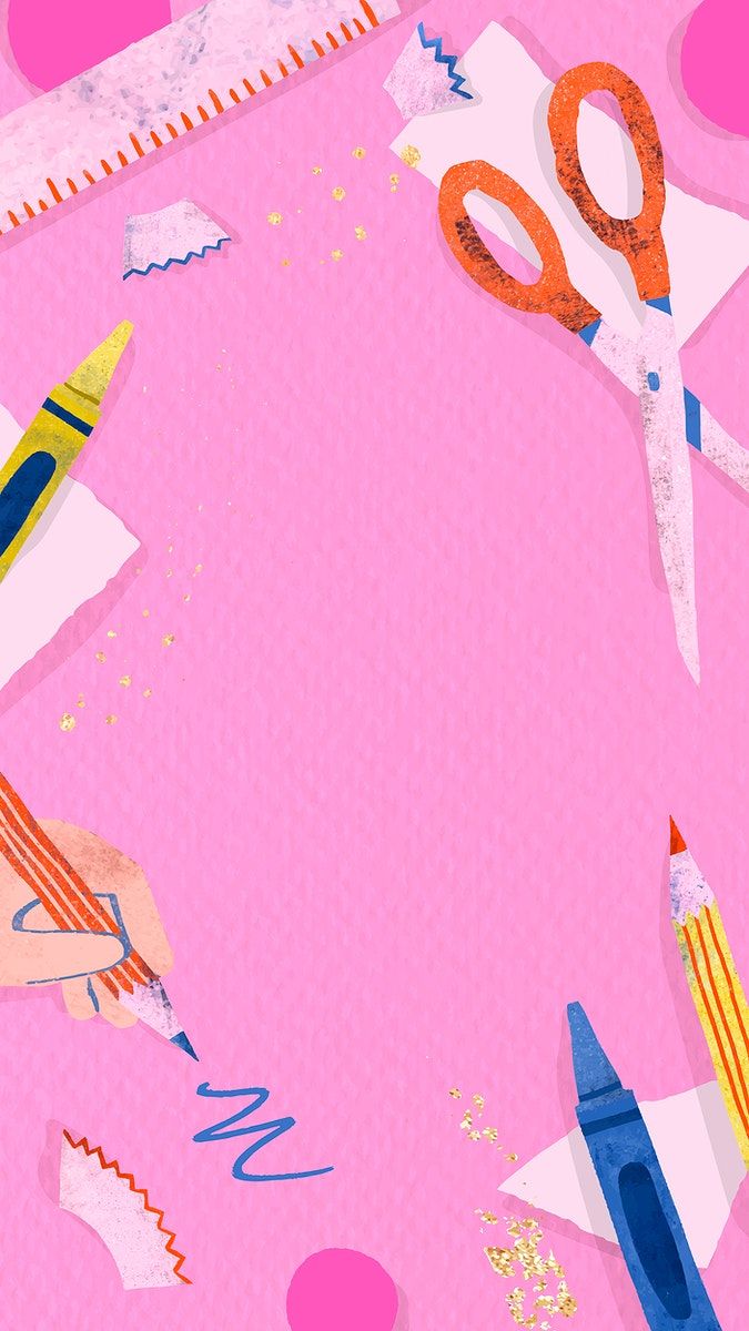 a pink background with scissors, pencils and confetti