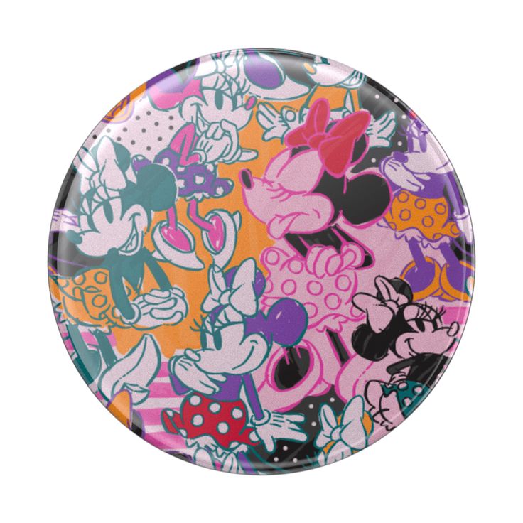 a mickey and minnie mouse pattern on an orange, pink, blue, yellow and black plate