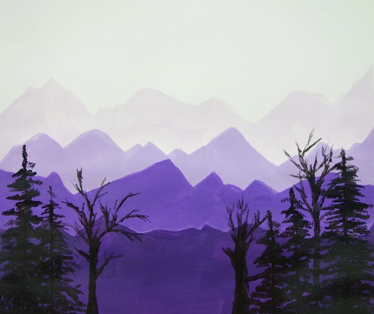 a painting of mountains with trees in the foreground and purple clouds in the background