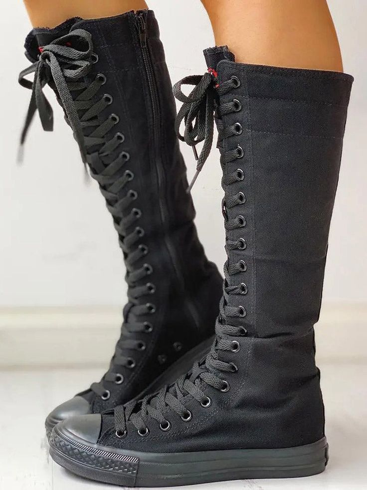 Lace-up Canvas Boots | ECHOINE Flat Heel Boots, Wedge Loafers, Zipper Heels, Canvas Boots, Purple Mini Dresses, Short Sleeve Romper, Backless Mini Dress, Canvas Shoes Women, Lace Up Ankle Boots