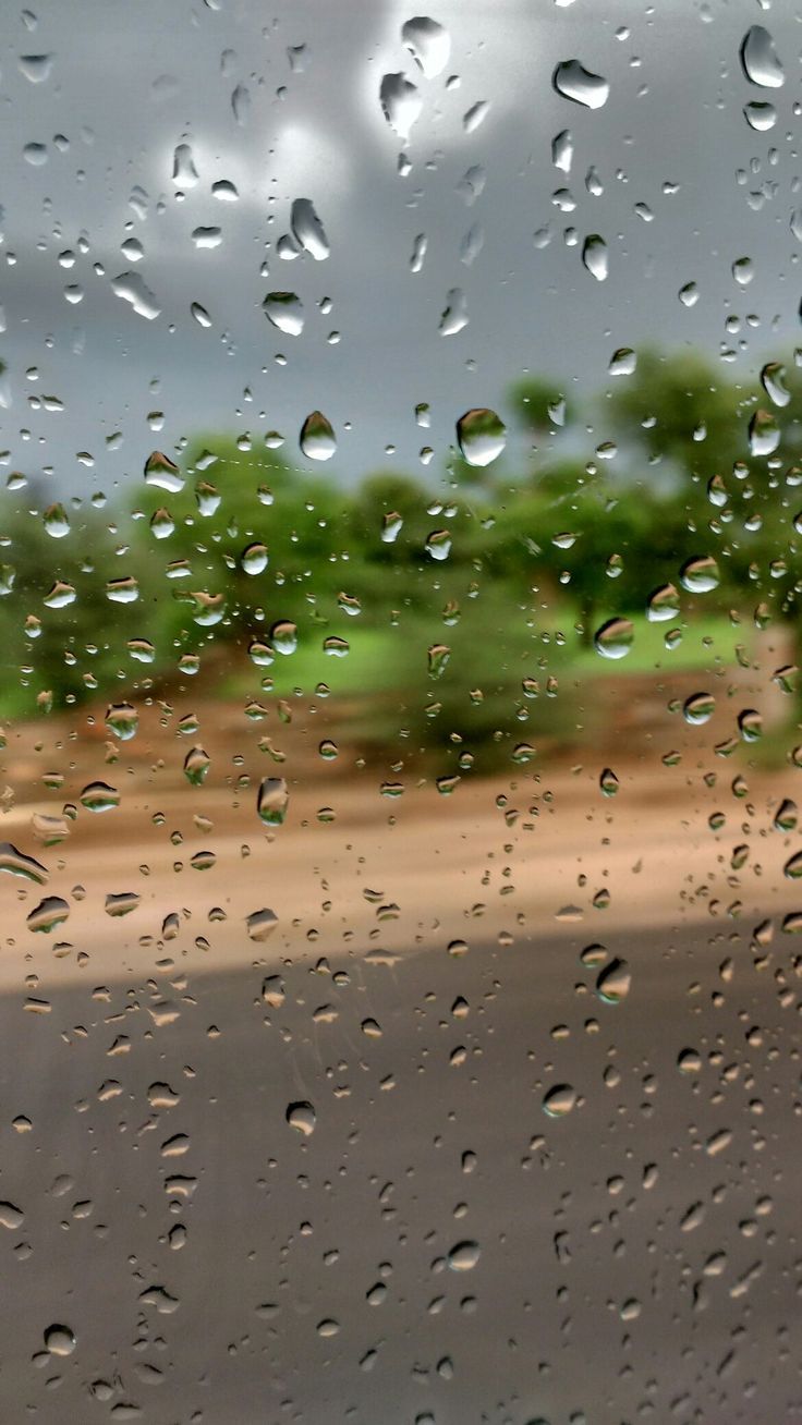 rain drops on the windshield of a car as it drives down a road with trees in the background