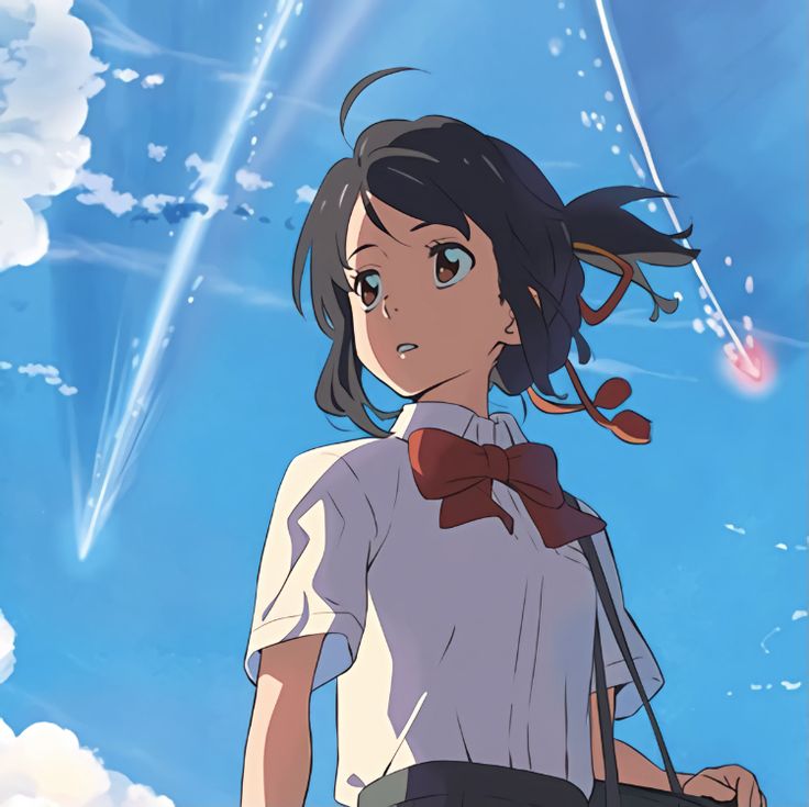 an anime character is standing in the sky with her hair flying through the air and looking up