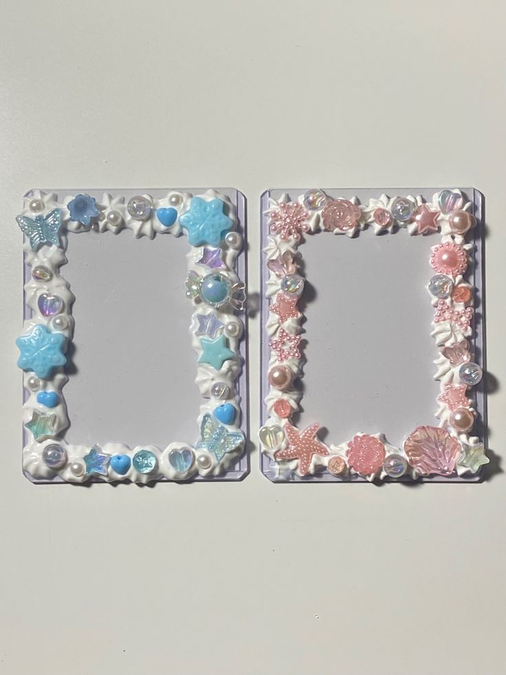 two frames with seashells and pearls on them