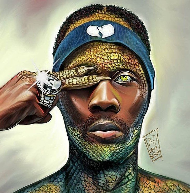 a drawing of a man with tattoos on his face and hands holding a watch over his eye