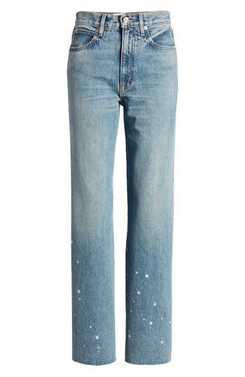 Raw hems refresh the retro style of figure-elongating wide-leg jeans handcrafted in Los Angeles from soft-yet-rigid Italian denim. 32" inseam; 20" leg opening; 11" front rise; 14 1/2" back rise (size 24) Zip fly with button closure Five-pocket style 100% cotton Machine wash, tumble dry Made in the USA of imported fabric Women's Clothing Light Wash Straight Hem Spring Pants, Light Wash Pants With Straight Hem For Spring, Spring Light Wash Pants With Straight Hem, Spring Light Wash Straight Hem Pants, Modern Straight Hem Summer Jeans, Spring Rigid Denim Flare Jeans With Straight Hem, Spring Rigid Denim Jeans With Frayed Hem, Summer Straight Fit Denim Jeans, Spring Straight-cut Rigid Denim Flare Jeans