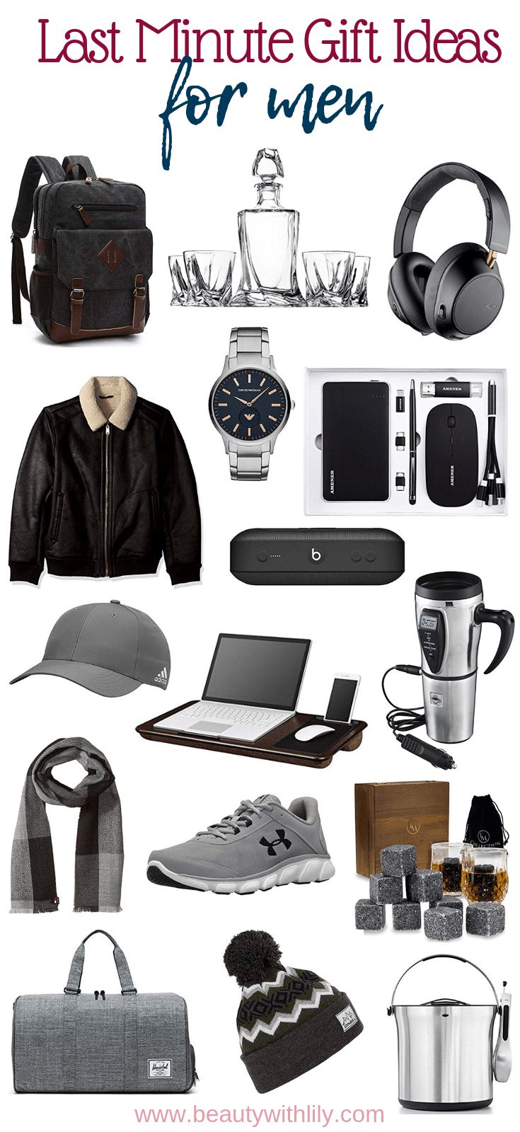 a bunch of items that are on top of a white background with the words, last minute gift ideas for men