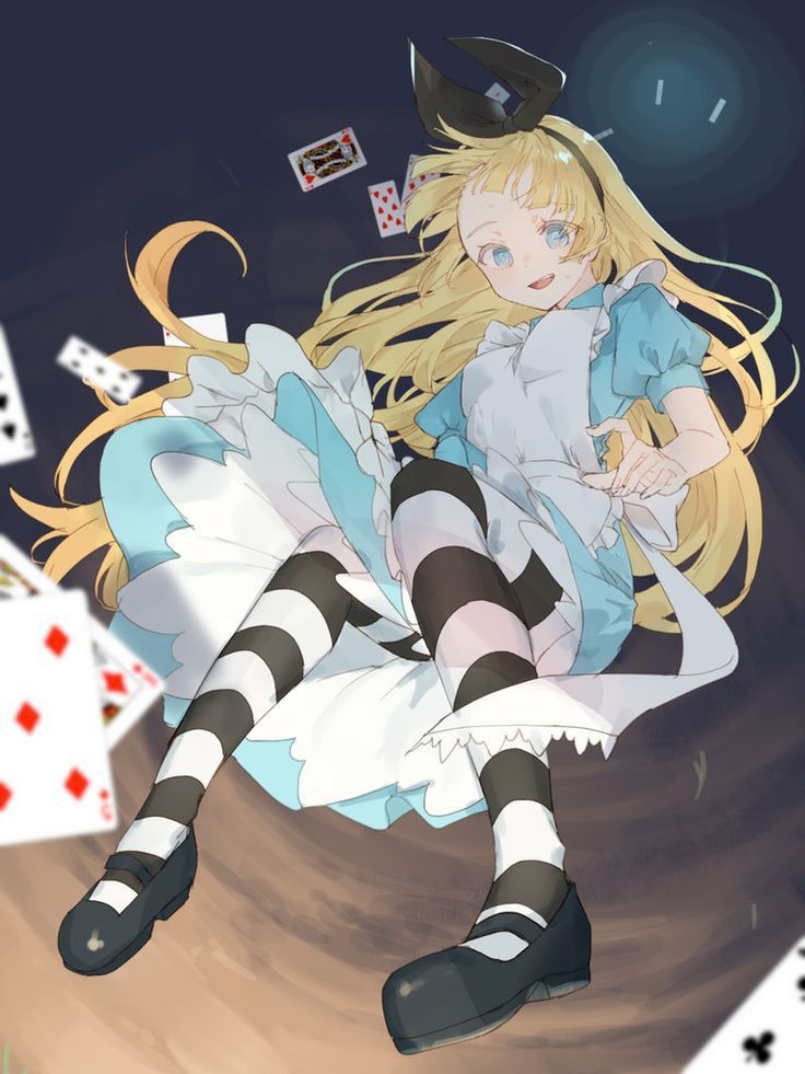 an anime character with long blonde hair and blue eyes is flying through the air in front of playing cards