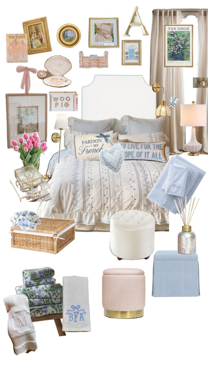 a collage of various items including bedding, pillows and pictures