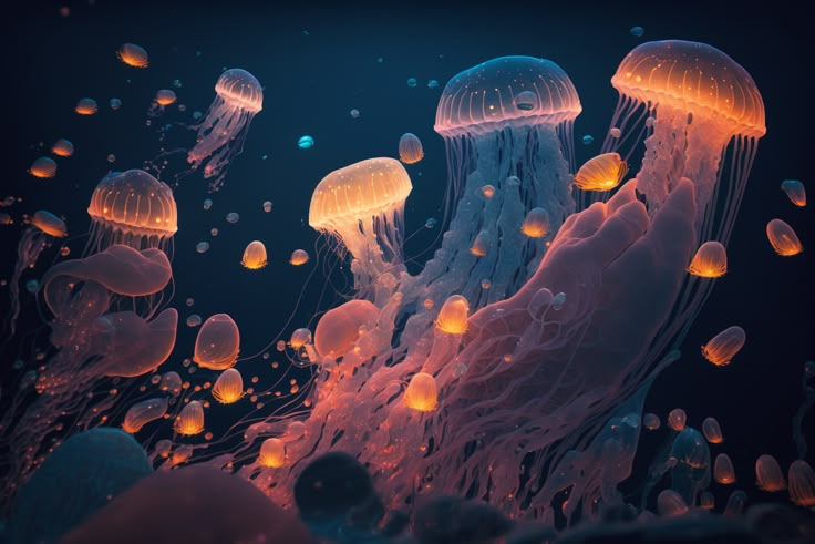 glowing jellyfish floating in the ocean at night with lanterns on their heads and legs