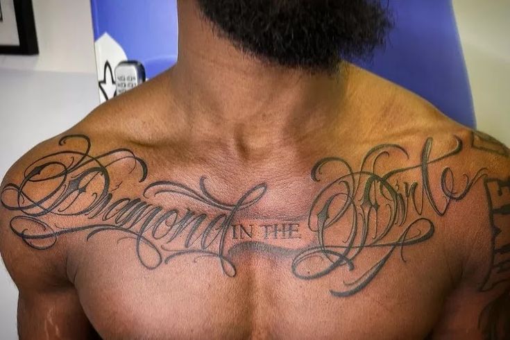 a man's chest with the words diamonds in the sky written on his chest