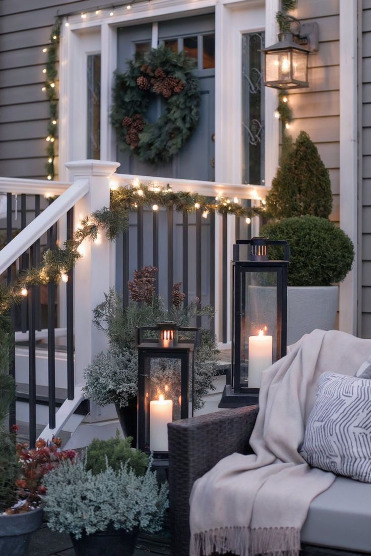 A front porch decorated for winter with evergreen garlands, lanterns with candles, and a festive wreath, creating inviting outdoor winter home decor. Outside Winter Decor, Winter Deck, Winter Backyard, Winter Decor Ideas For The Home, Winter Decor Ideas, Beauty Of Winter, Deck Decor, Stylish Tips, Winter Home Decor