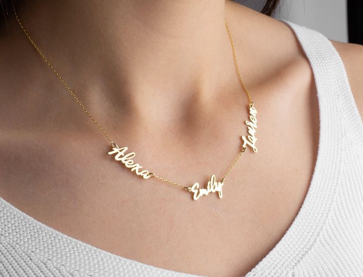 "This 14k gold 2-3 name necklace (children name necklace) would make the perfect gift for mothers day, mum, grandma, new mom, anniversary. Also this double/tribble kids name necklace will be a great baby shower, birthday, baptism gift as a family necklace. Our dainty 14k gold name necklace has been produced with high quality 925k solid silver and and plated 14k white/yellow/rose gold. With choice of beautiful custom fonts you can make your unique minimal 2 or 3 name necklace.    FEATURES: *custo Yellow Gold Name Necklace For Mother's Day Birthday, Yellow Gold Name Necklace As Gift For Mom, Gold Necklace With Names For Mom, Yellow Gold Necklaces With Names For Mom, Dainty Mother's Day Name Necklace, Mother's Day Name Necklace As A Gift For Mom, Hallmark Nameplate Necklace For Mom, Mother's Day Name Necklace Gift For Mom, Nameplate Necklace With Names For Mother's Day