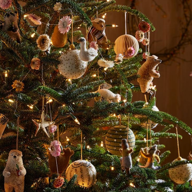 a christmas tree with ornaments hanging from it