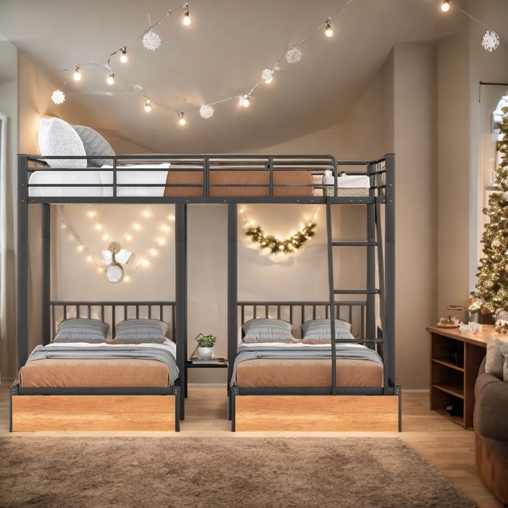 two bunk beds in a room with christmas lights on the ceiling and carpeted floor