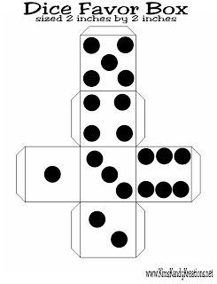 dice favors box is shown with black dots on the top and bottom, as well as four