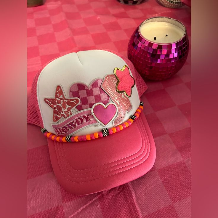 Handmade By Me! In Brand New Condition. Adorable Adjustable Pink Bucket Hat, Handmade Pink Mini Hats For Spring, Pink Cap Mini Hat For Summer, Playful Pink Mini Hat For Summer, Cute Pink Festival Hat, Pink Adjustable Trucker Hat For Summer, Pink Cap Mini Hat For Beach, Pink Mini Hat For Festivals, Pink Mini Cap For The Beach