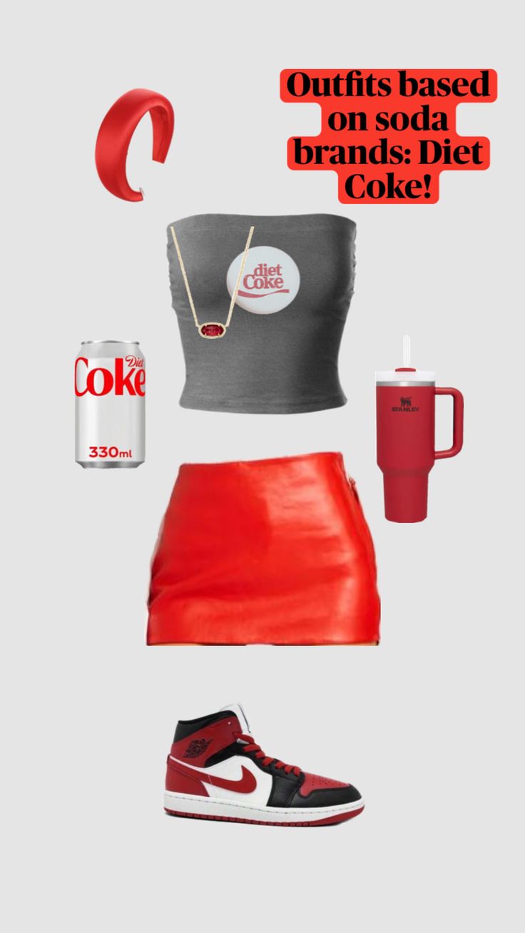 a woman in red skirt, grey top and black sneakers with coca cola on the side