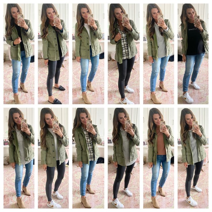 Styling Green Jacket, Olive Jacket Outfit Women, Denim Green Jacket Outfit, Jeans And Green Jacket Outfit, Army Green Blazer Outfits For Women, Outfit With Army Green Jacket, Styling Utility Jacket, Fall Outfits With Green Jacket, How To Wear A Green Jacket