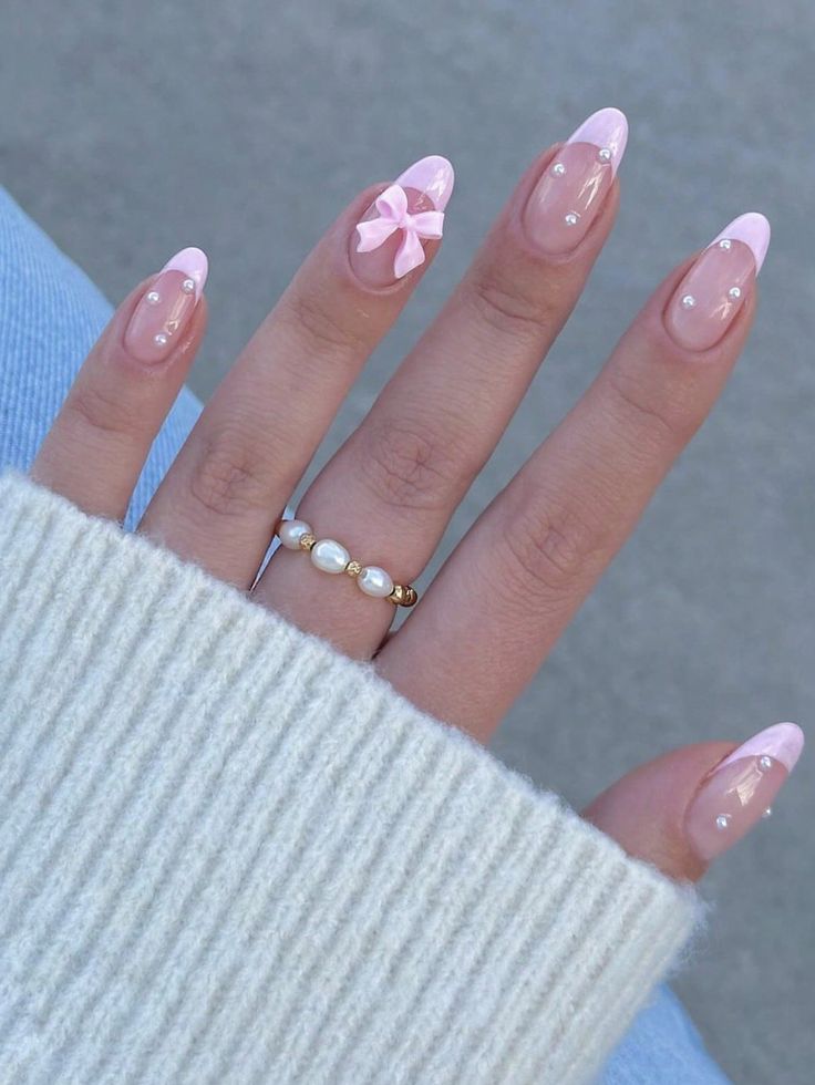 Pink  Collar   Colorblock Color Nails,3D Nails Embellished   Nail,Hand & Foot Care Mini Almond Nails Designs, Summer Nails With Bows, Bows And Pearls Nails, Soft Girl Nails Acrylic, Coquette Nail Inspo Square, Nails With Bows And Pearls, Baby Pink Prom Nails, Coquette Nail Inspo Almond, Cute French Tips Nails